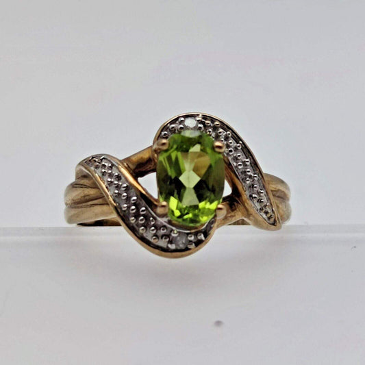 9ct Yellow Gold Ring Green Peridot & Diamond Natural Gemstone Ring Size J