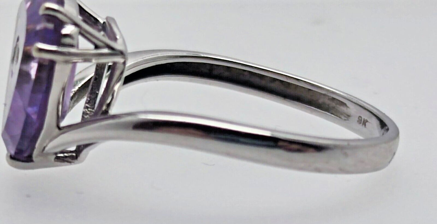 9ct White Gold Ring Purple Amethyst and Diamond Natural Gemstones Ring Size S