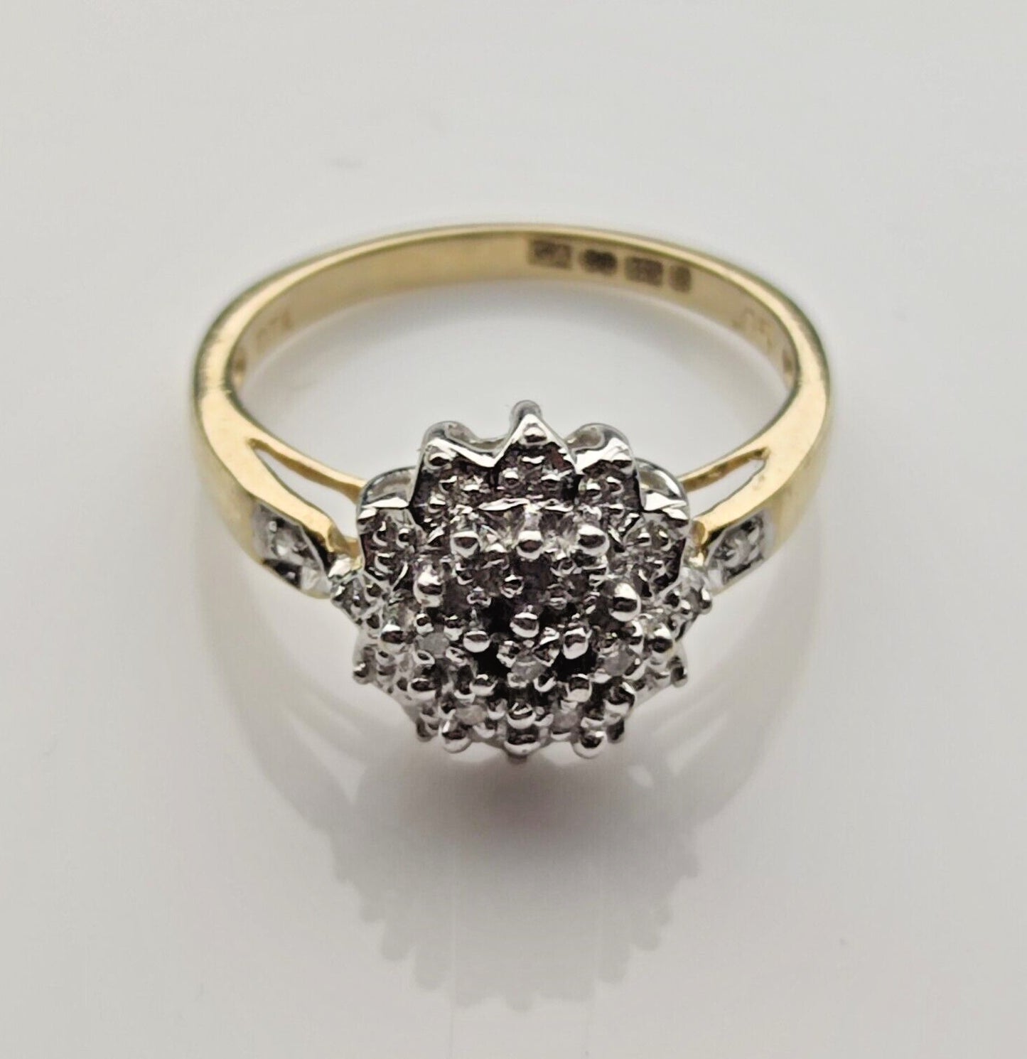 9ct Yellow Gold Ring Diamond 0.05ct Cluster Prong Setting UK Ring Size L