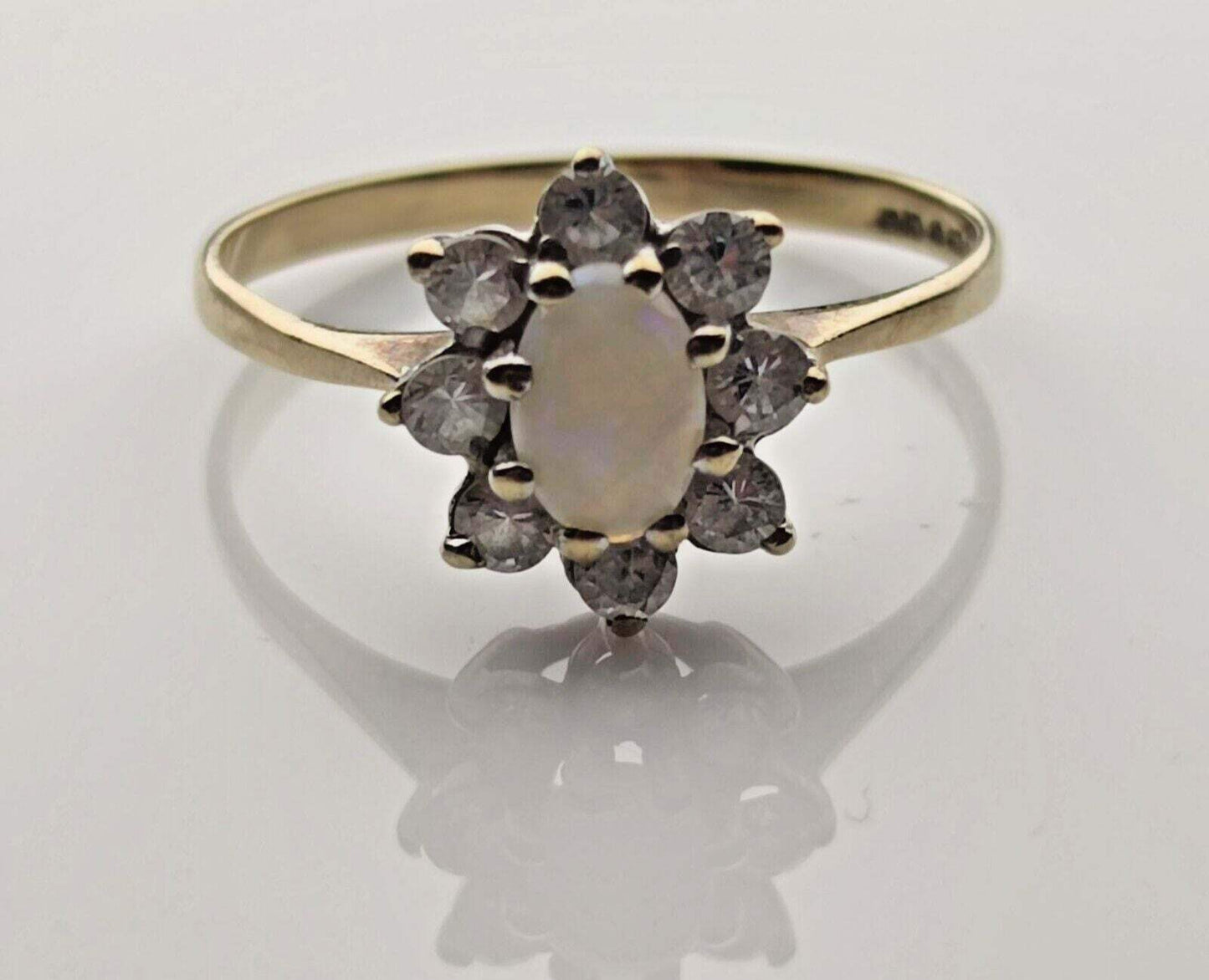 9ct Yellow Gold Ring Oval White Opal Halo Setting Gemstones UK Ring Size P