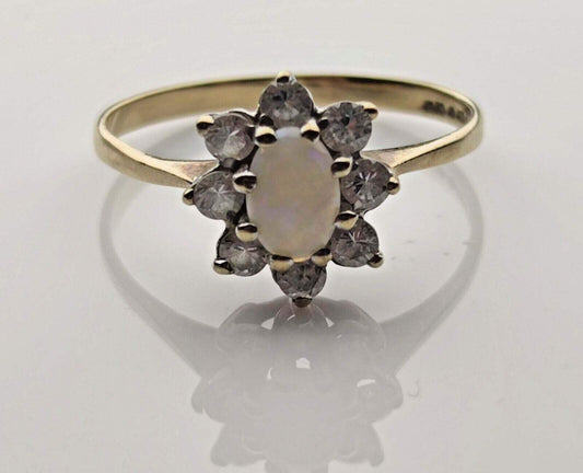 9ct Yellow Gold Ring Oval White Opal Halo Setting Gemstones UK Ring Size P