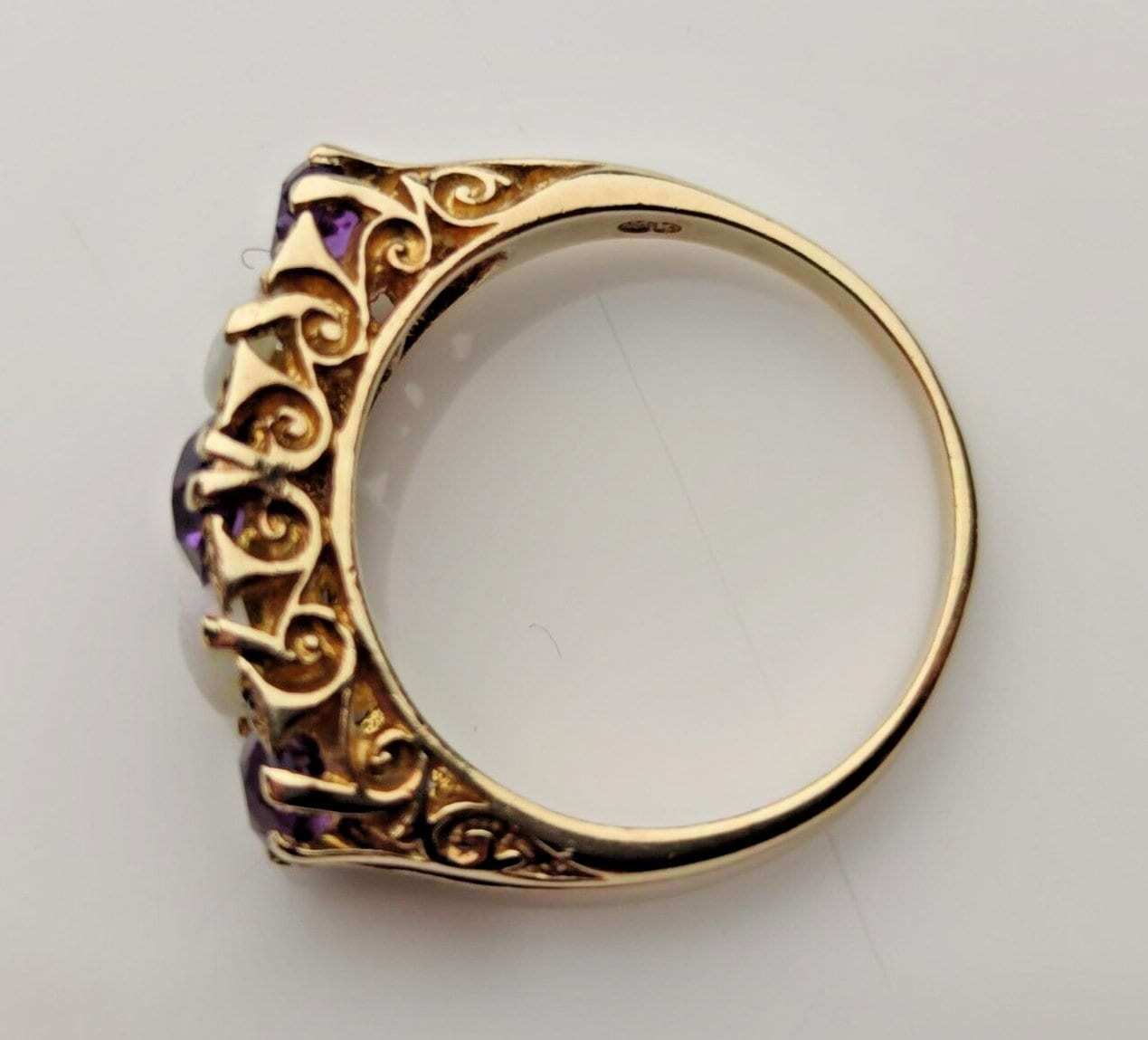 9ct Yellow Gold Ring Purple Amethyst and White Opal Gemstones Ring Size P 1/2