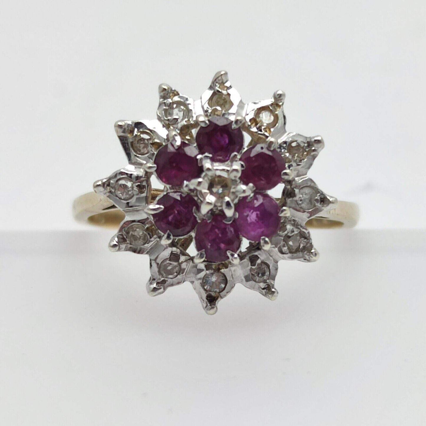 9ct Yellow Gold Ring Round Purple Ruby & Diamond Cluster UK Ring Size O