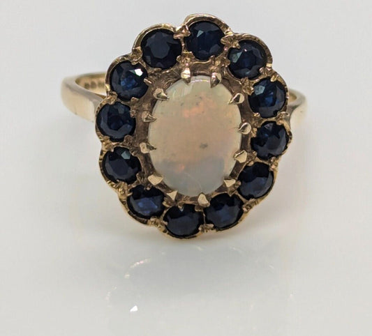 9ct Yellow Gold Ring Opal & Sapphire Natural Gemstones UK Ring Size N