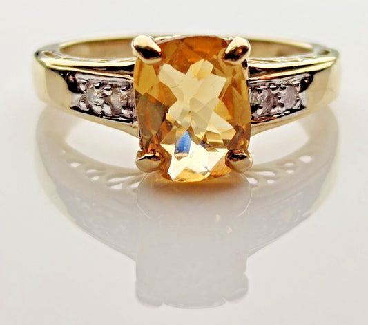 9ct Yellow Gold Ring Citrine and Diamonds Natural Gemstones UK ring Size N