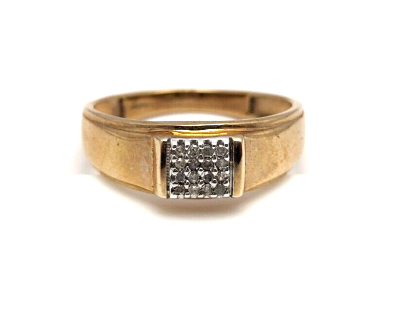 9ct Yellow Gold Signet Ring Colourless Round Diamonds UK Ring Size V
