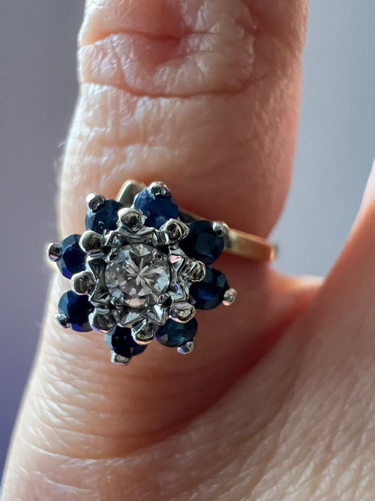 18ct Yellow Gold Ring Size I Diamond and Sapphire Tension Band Vintage