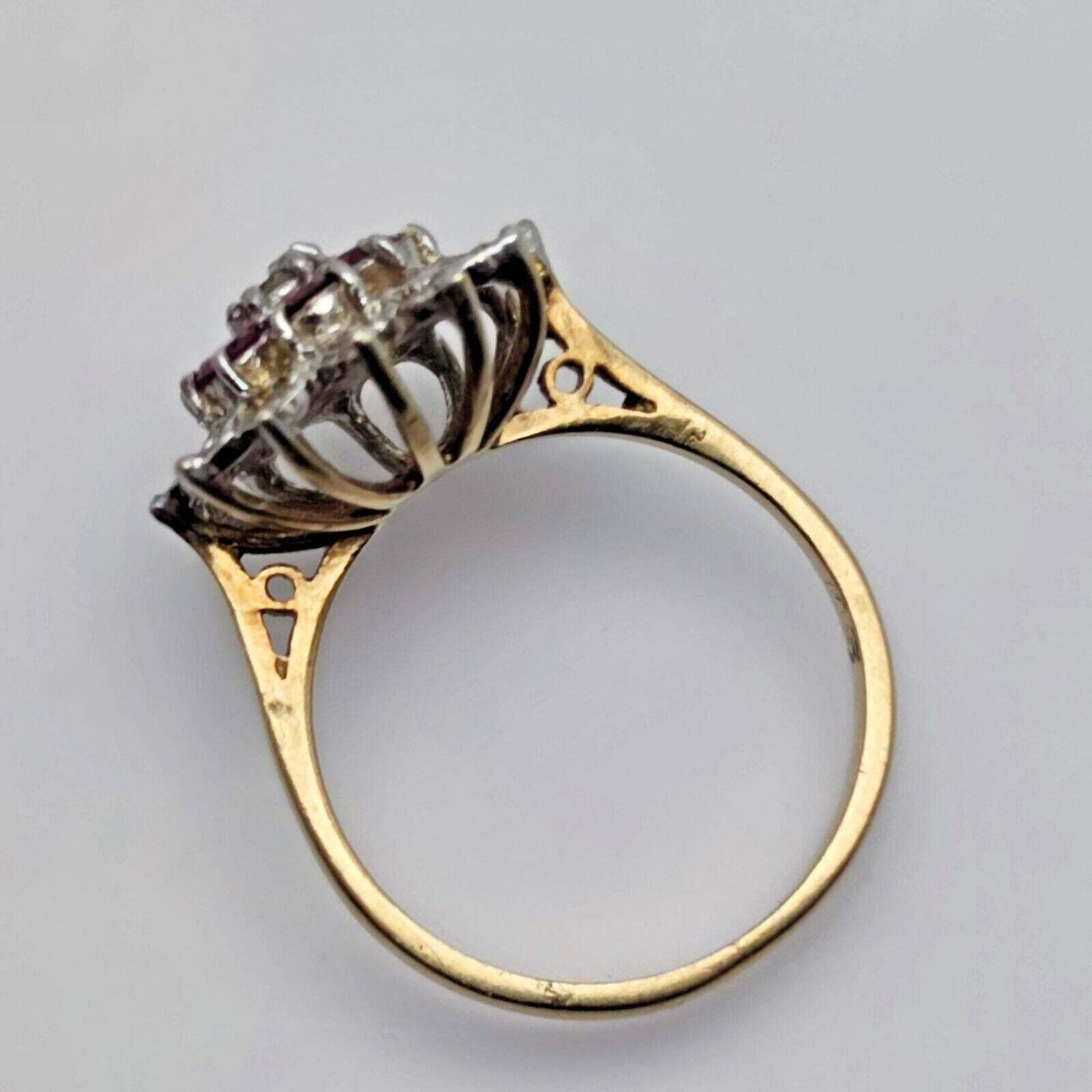 9ct Yellow Gold Ring Round Purple Ruby & Diamond Cluster UK Ring Size O