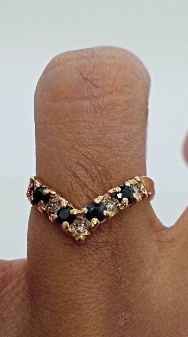 9ct Yellow Gold Ring Blue Sapphire & Diamonds Wishbone UK Ring Size N