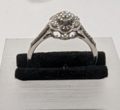 9ct White Gold Ring with diamond cluster Engagement Ring Size R