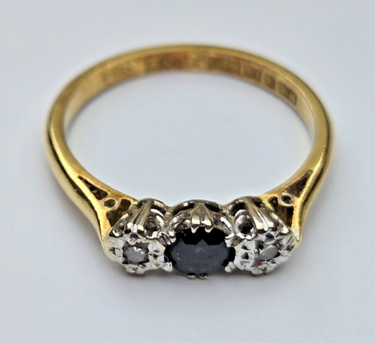 18ct Yellow Multi Toned Gold Ring Black Sapphire and Diamonds Ring Size N