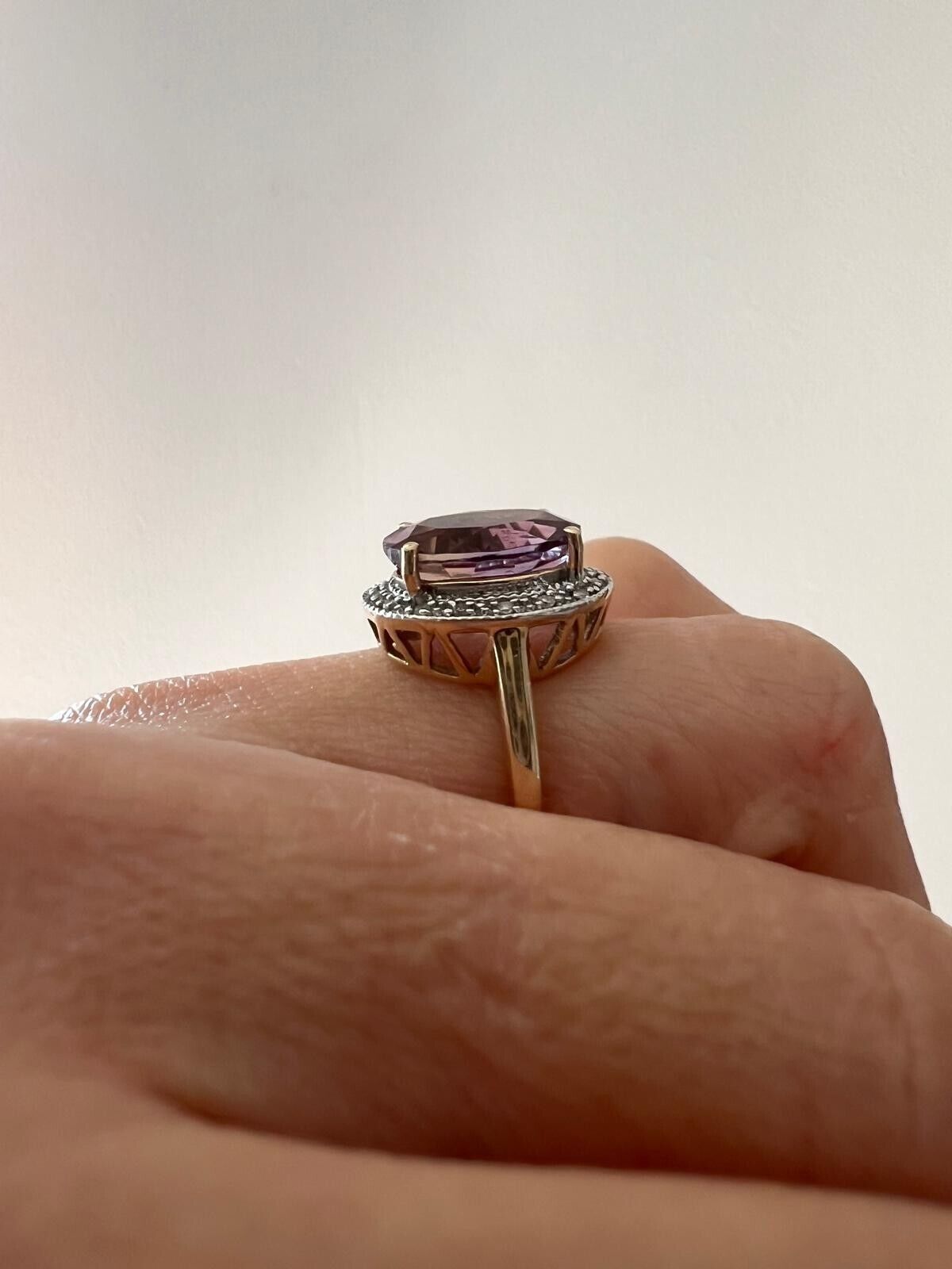 9ct Yellow Gold Ring Pink Ametrine and Colourless Diamond Cocktail Ring Size K