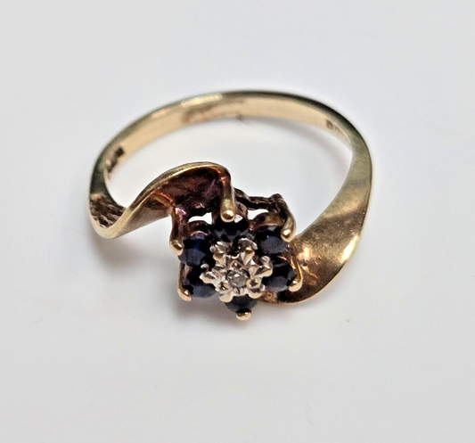 9ct Yellow Gold Ring Sapphire & Diamond Crossover Band UK Ring Size K 1/2