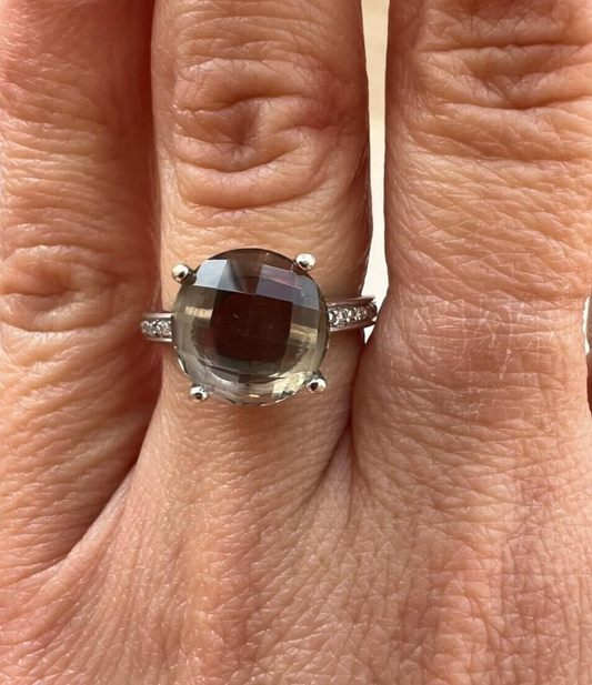 9ct White Gold Ring Champagne Quartz & Colourless Diamond Ring Size L 1/2
