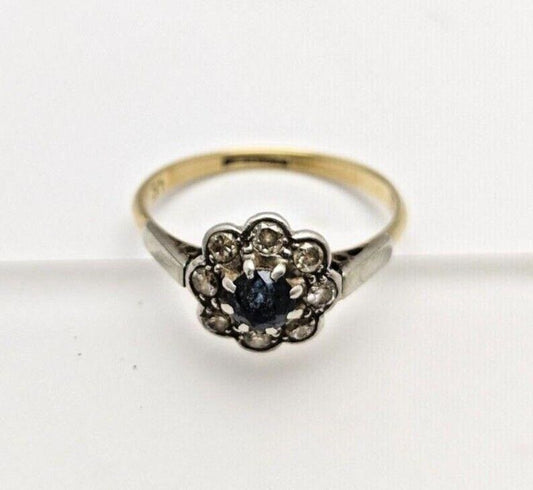 9ct Yellow Gold Ring Blue Round Sapphire & Diamonds Halo Setting UK Ring Size O