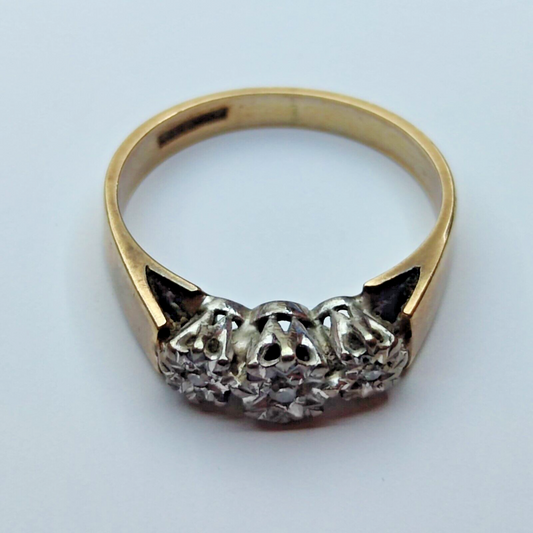 9ct Yellow Gold Ring Diamond Gemstones Three Stone Setting UK Ring Size N