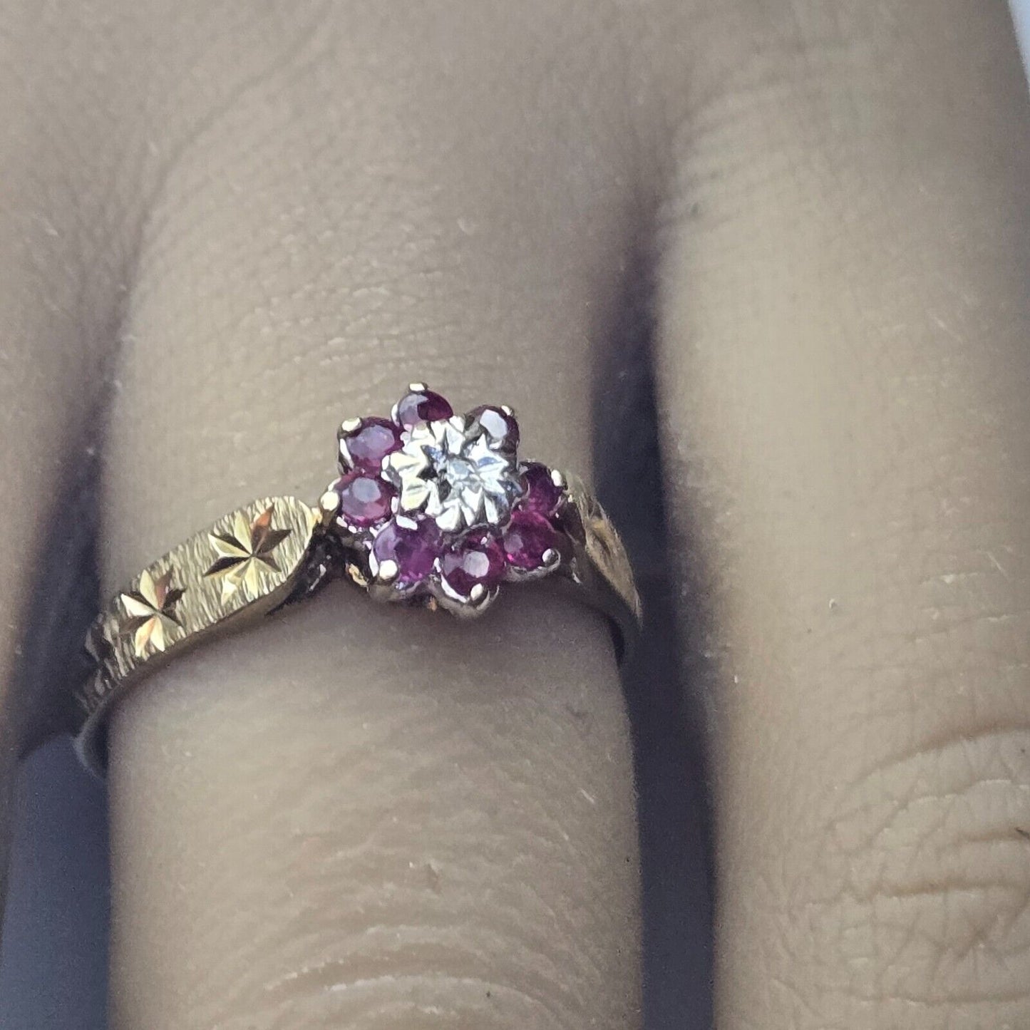 9ct Yellow Gold Ring Purple Ruby and Colourless Diamonds Ring Size N