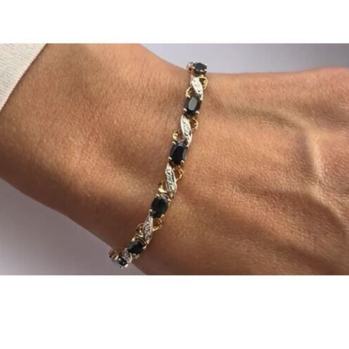 9ct Yellow Gold Tennis Bracelet Blue Sapphire and Diamonds Gemstones 18.5m Long
