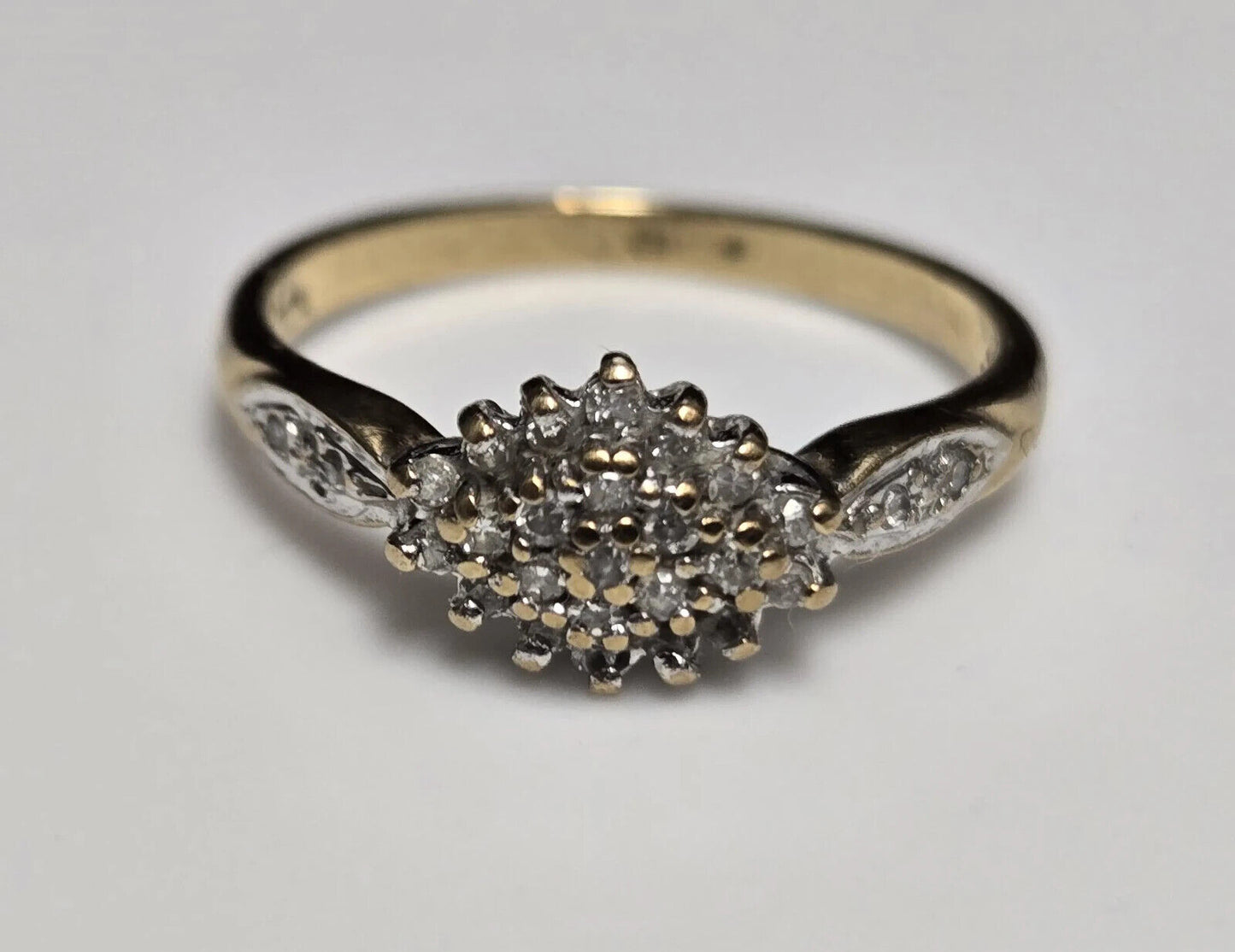 9ct Yellow Gold Ring Diamonds Cluster Setting UK Ring Size N