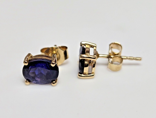 9ct Yellow Gold Blue Stud Earrings Dark Blue Oval Iolite Natural Gemstone