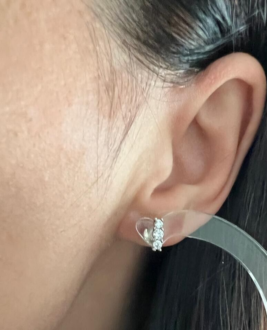 Silver Stud Earrings 3 Stone Setting Cubic Zirconia 925 Sterling Silver