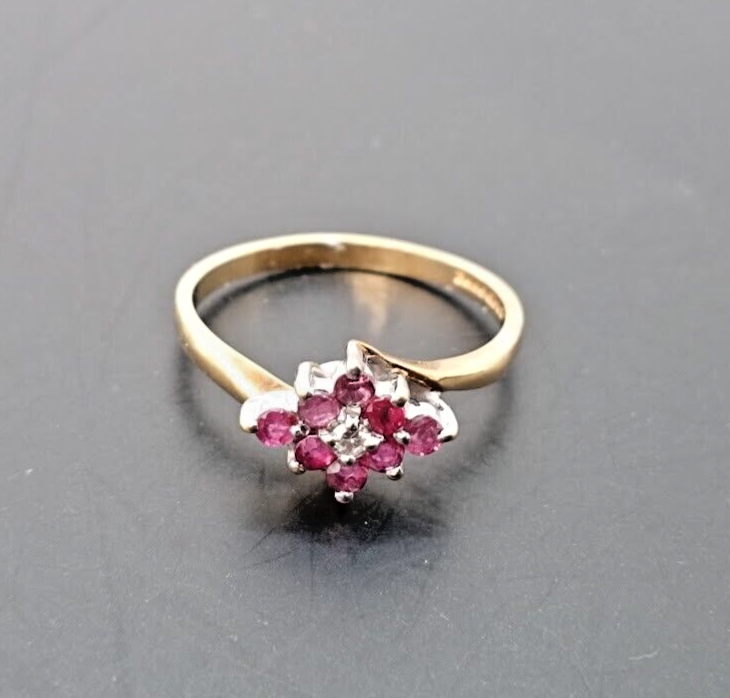 9ct Yellow Gold Ring Ruby and Diamond Crossover Band UK Ring Size N