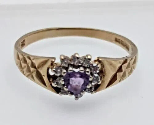 9ct Yellow Gold Ring Purple & Cubic Zirconia Stones Ring Size P 1/2 9k Gold