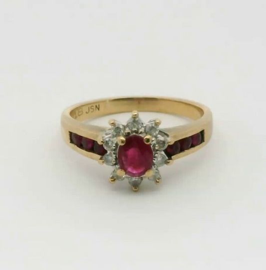 9ct Yellow Gold Ring Red Ruby and Diamonds 375 Hallmarked UK Ring Size L