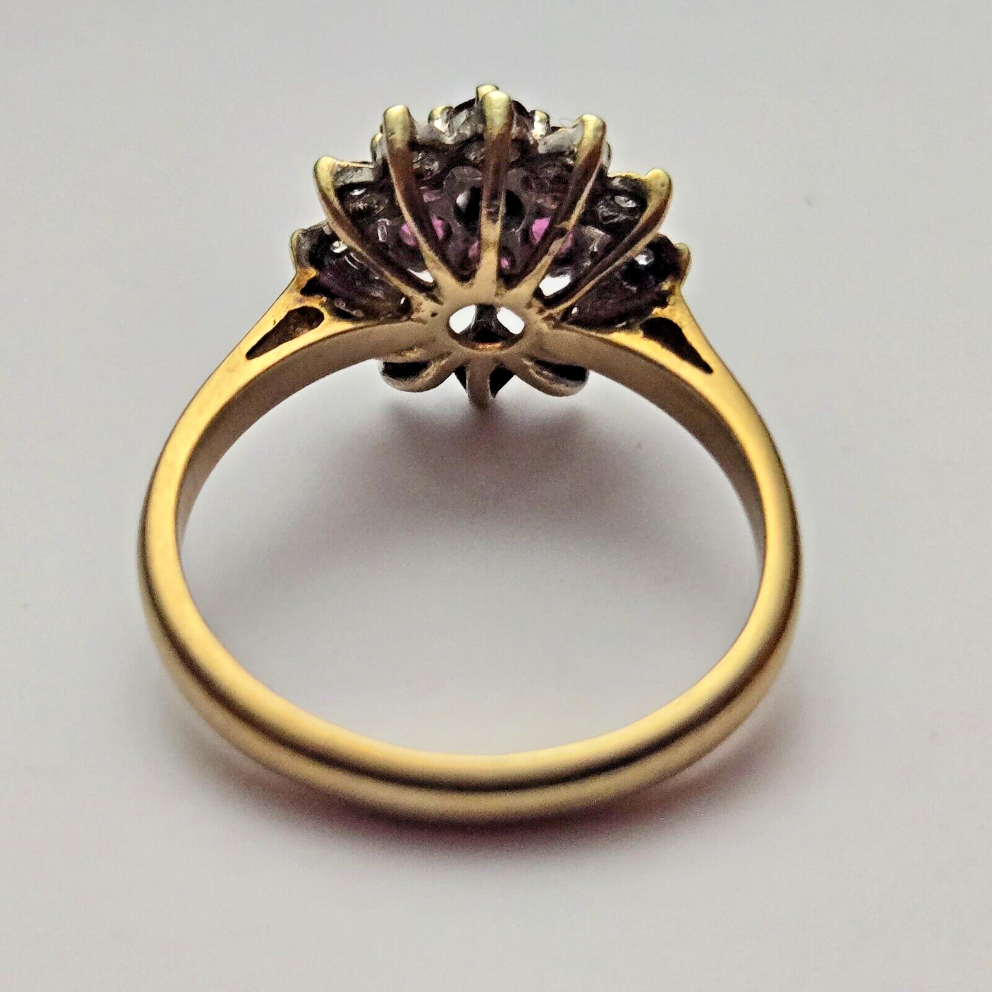 9ct Yellow Gold Ring Purple Ruby and Diamonds Cluster Setting UK Ring Size O