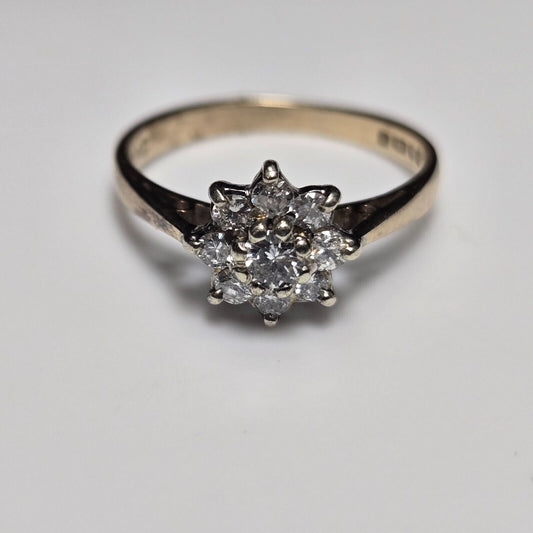 9ct Yellow Gold Ring Round Diamonds Cluster Gemstones UK Ring Size J 1/2