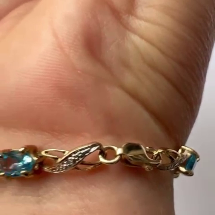 9ct Yellow Gold Tennis Bracelet Blue Topaz Natural Gemstones 19cm Long