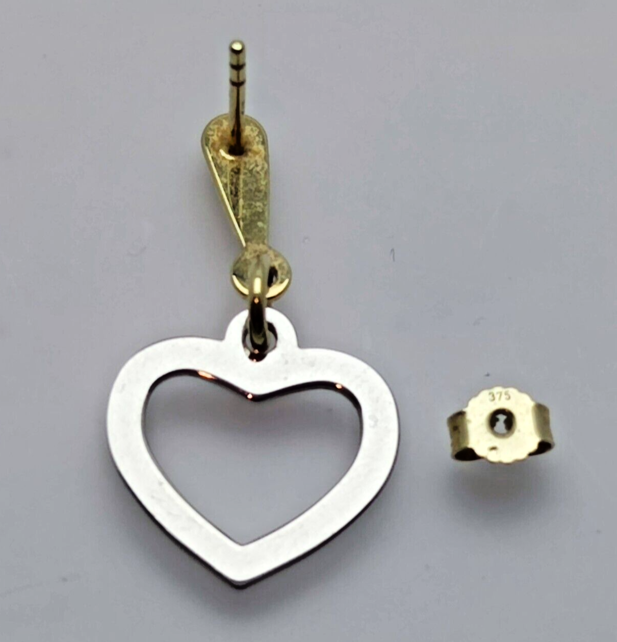 9ct Yellow and White Gold Drop Earrings Dangle Heart Shaped Charms