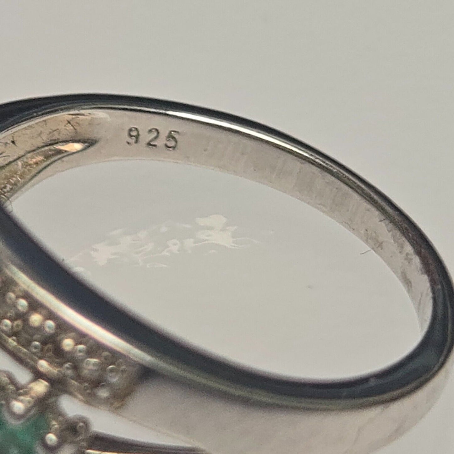 Silver Ring Green Emerald & Diamond Ring 925 Silver Hallmarked Ring Size L 1/2