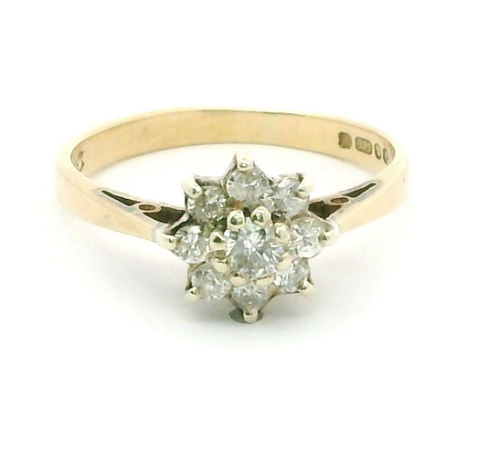 9ct Yellow Gold Diamonds x9 Prong Setting 375 Hallmarked Ring Size K