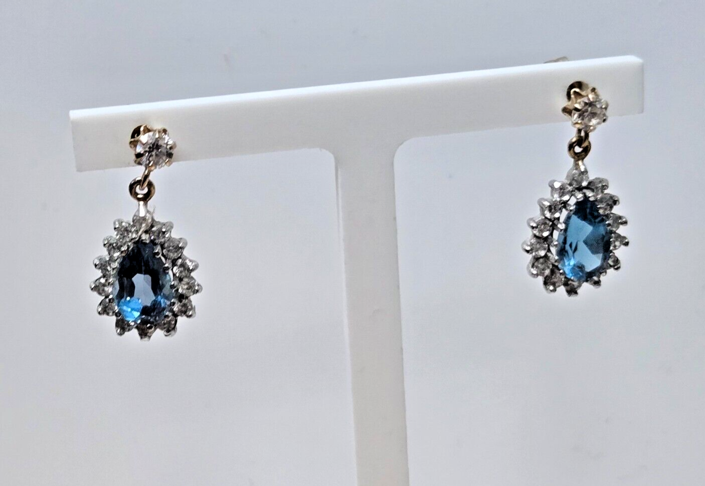 9ct Yellow Gold Dangle Earrings Blue Topaz Gemstones Butterfly Closures