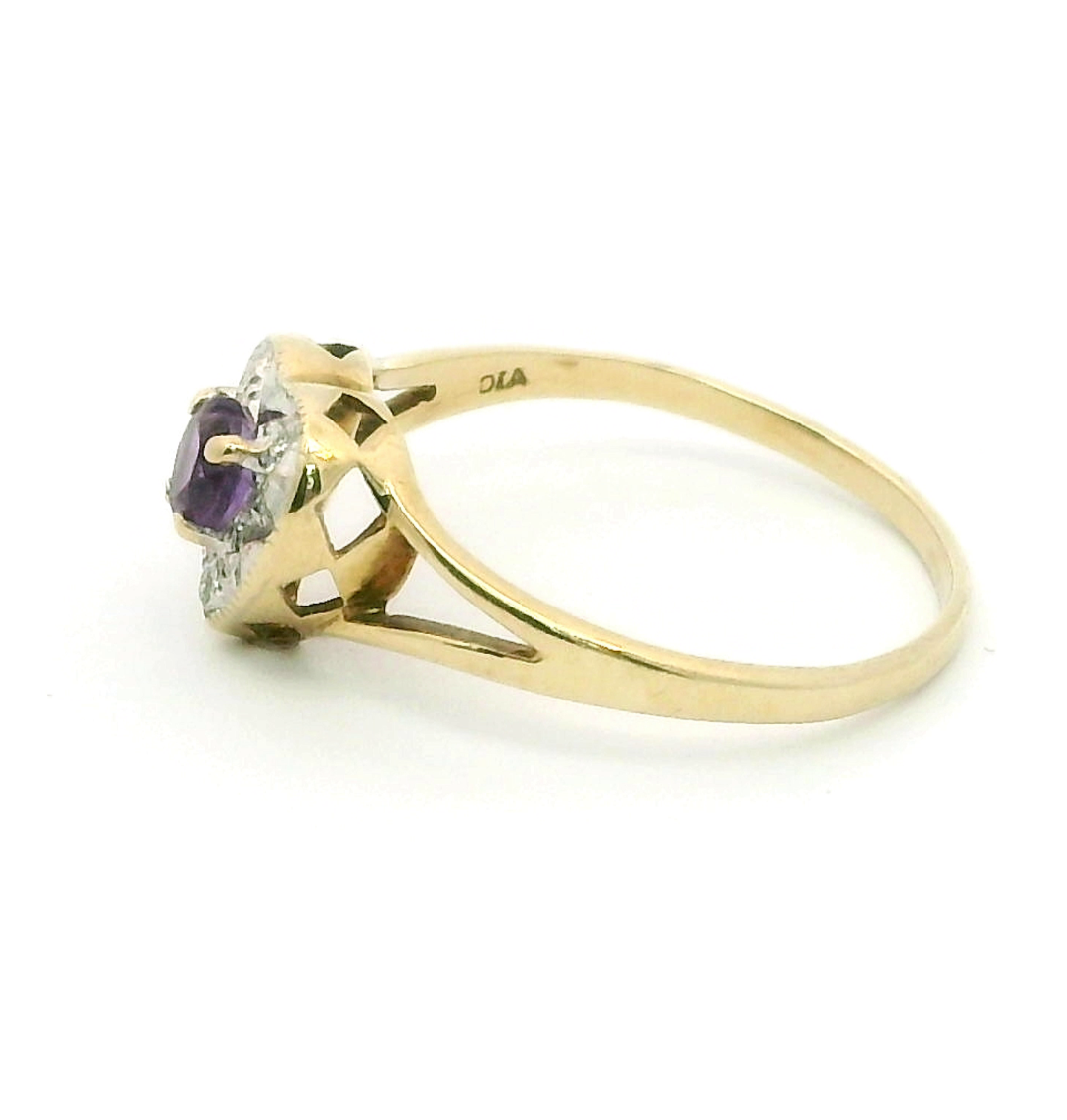 9ct Yellow Gold Heart Ring Purple Amethyst & Diamonds 375 Hallmarked Ring Size O