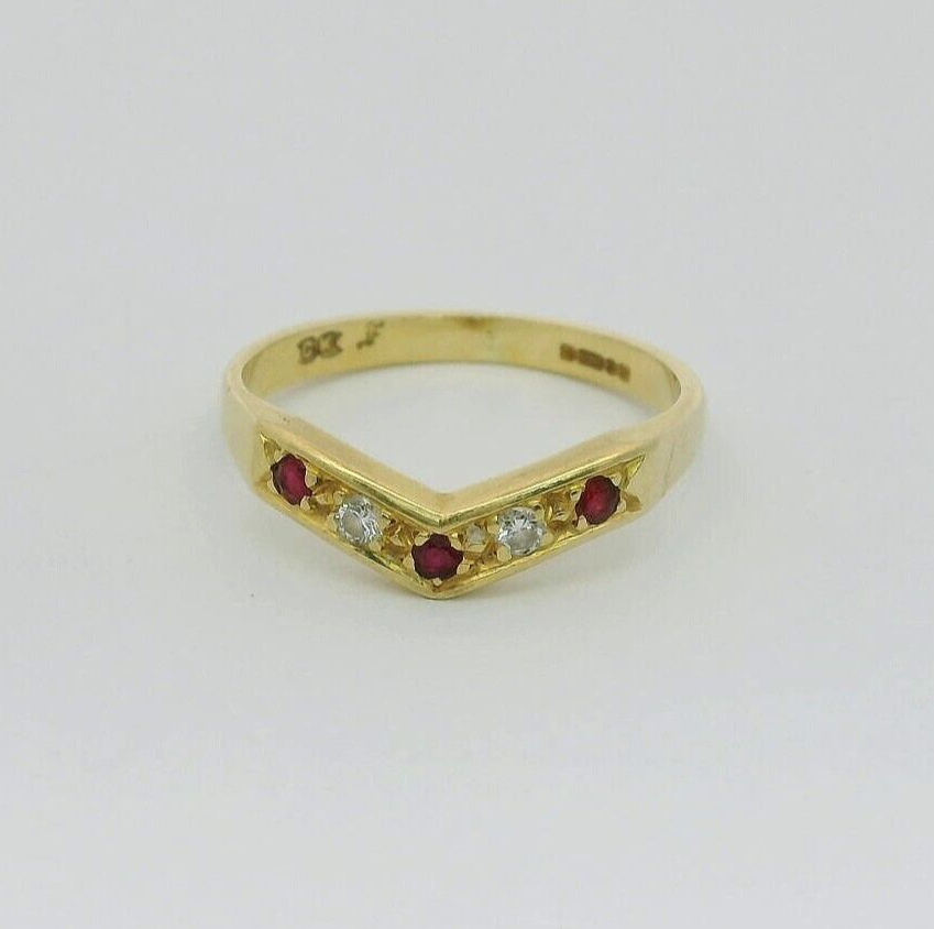 18ct Yellow Gold Wishbone Ring Red Ruby & Diamonds Gemstones Ring Size M