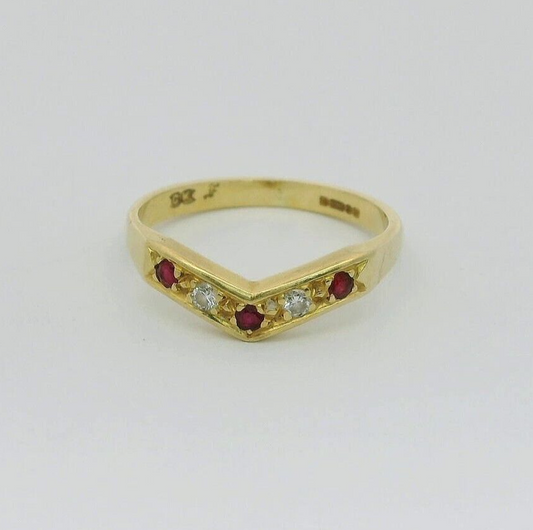 18ct Yellow Gold Wishbone Ring Red Ruby & Diamonds Gemstones Ring Size M