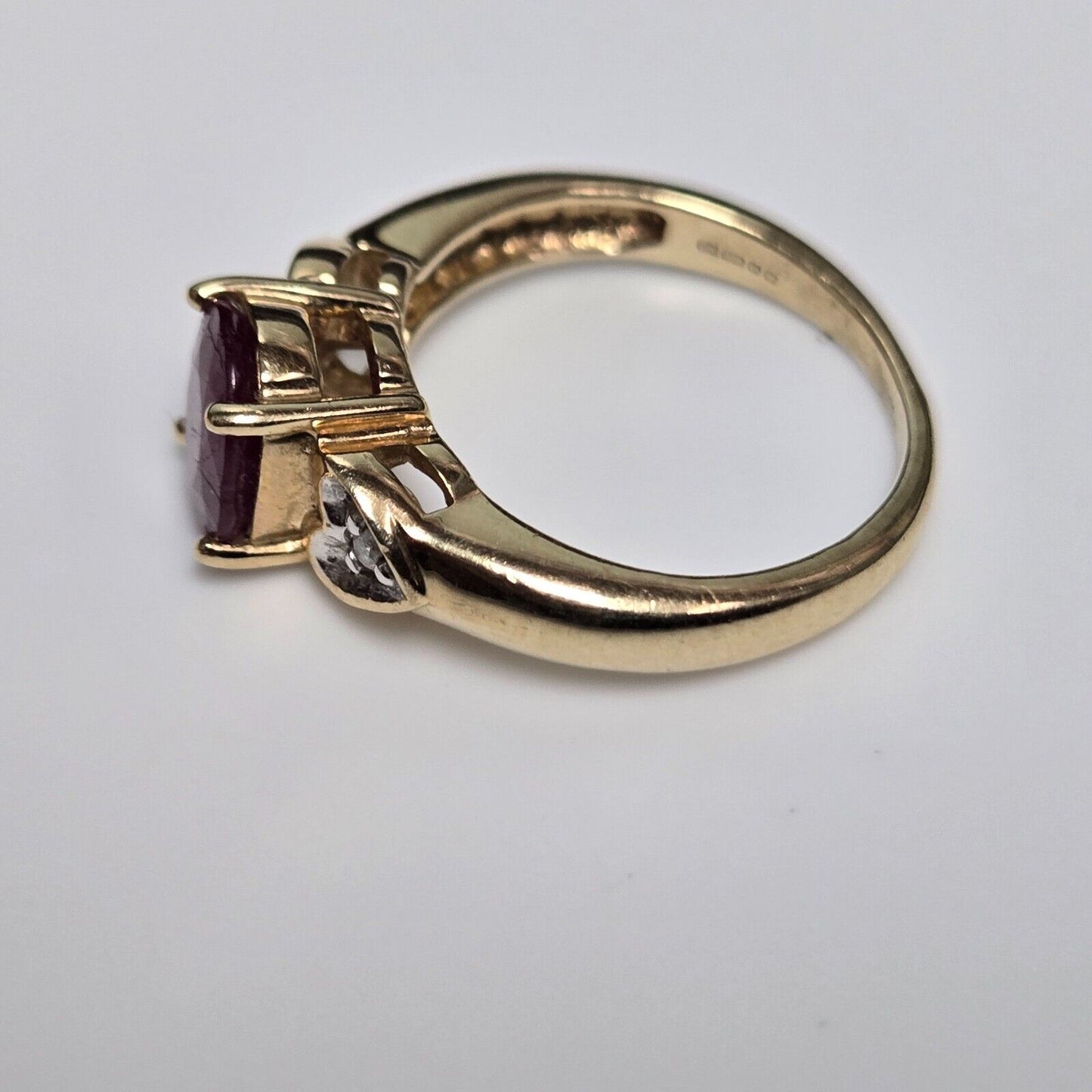 9ct Yellow Gold Ring Oval Red Ruby and Diamonds Gemstones UK Ring Size J