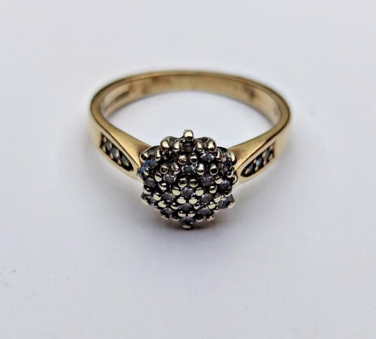 9ct Yellow Gold Ring Diamond Gemstones Cluster Setting UK Ring Size L 1/2