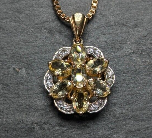 9ct Yellow Gold Pendant Sapphire & Citrine Flower Cluster Natural Gemstone