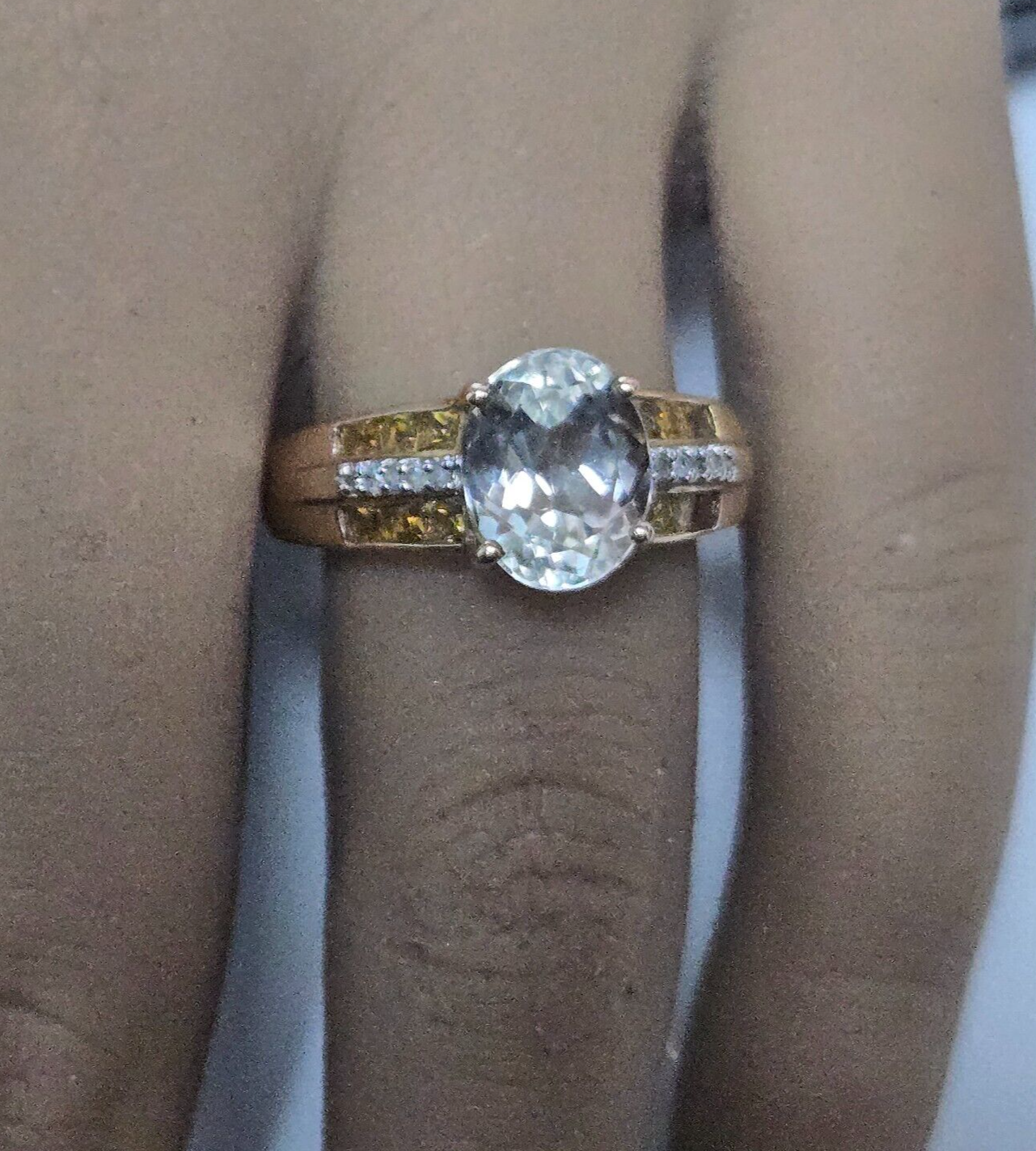 9ct Yellow Gold Ring Yellow Oval Citrine and Diamonds Ring Size O 1/2