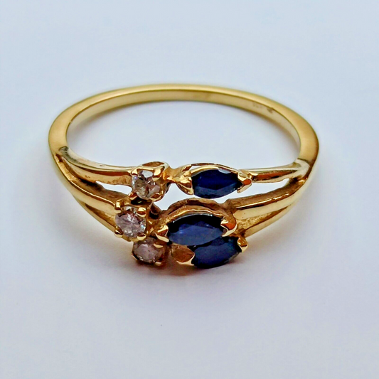 18ct Yellow Gold Sapphire Diamond Ring Blue & Colourless Stones Ring Size N 1/2