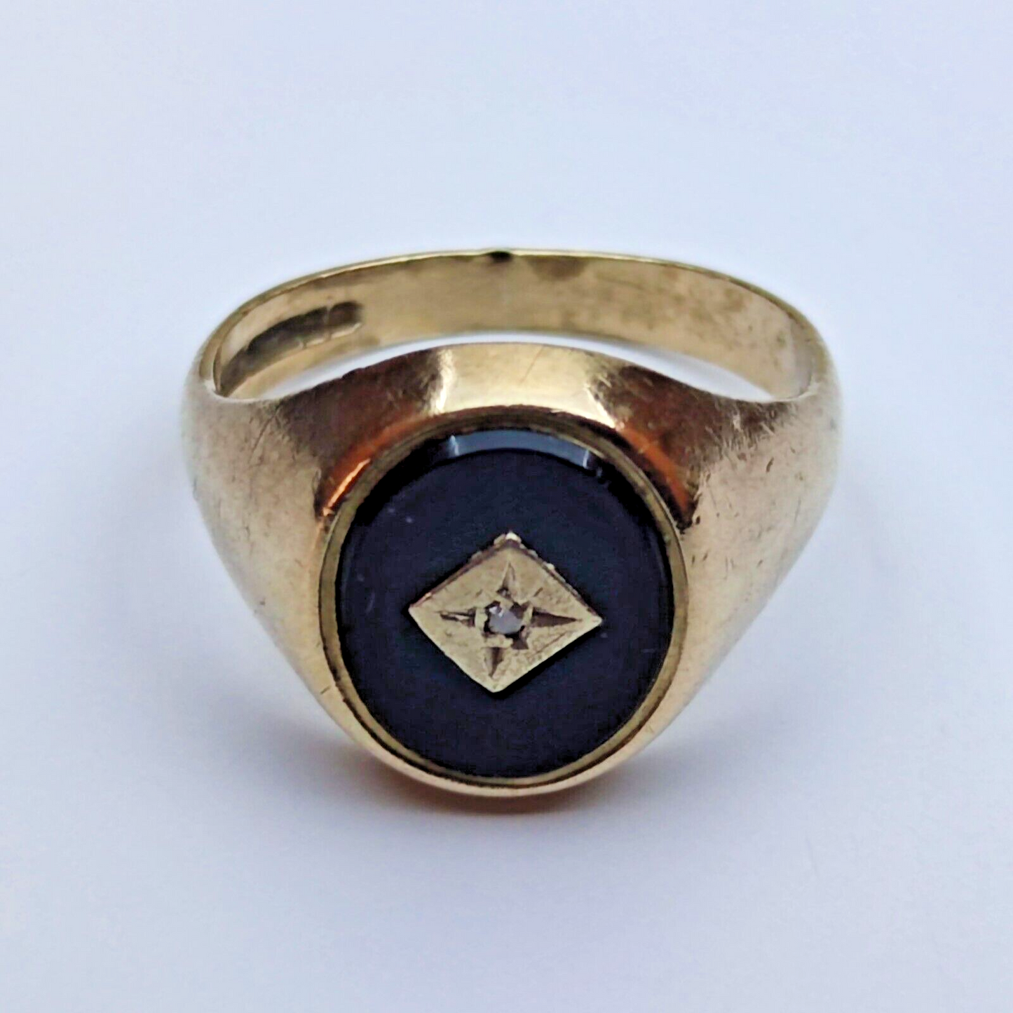 Men's 9ct Yellow Gold Signet Ring Black Onyx and Diamond UK Ring Size O 1/2