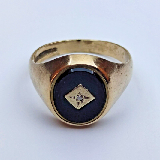 Men's 9ct Yellow Gold Signet Ring Black Onyx and Diamond UK Ring Size O 1/2