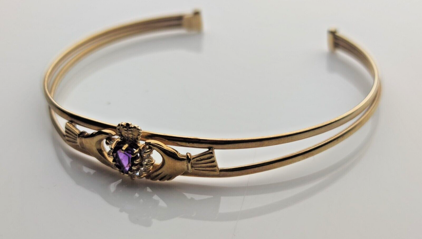 9ct Yellow Gold Claddagh Bangle Purple Amethyst Gemstone Size 6cm x 6.5cm