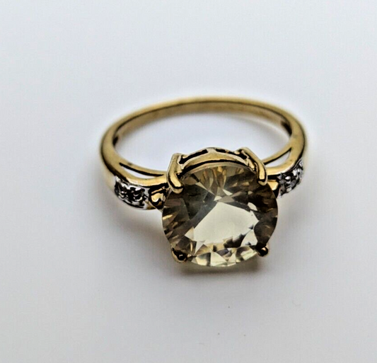 9ct Yellow Gold Ring Yellow Quartz and Diamonds 375 Hallmarked Ring Size N 1/2