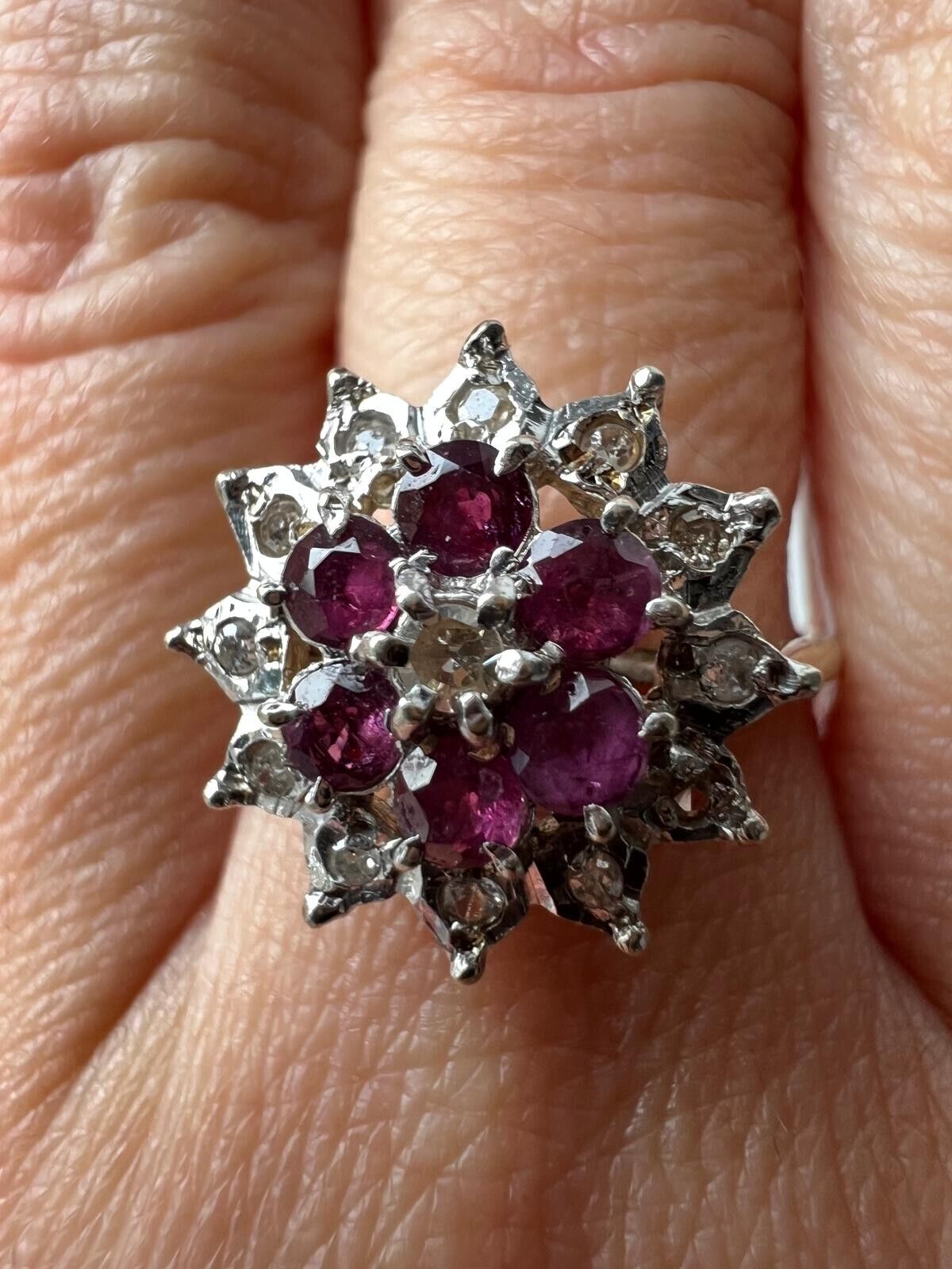 9ct Yellow Gold Ring Round Purple Ruby & Diamond Cluster UK Ring Size O
