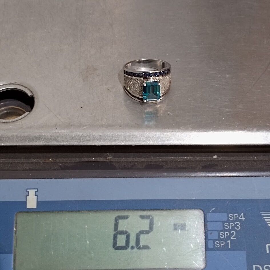 9ct White Gold Ring Diamond, Sapphire & Blue Topaz Wide Band UK Ring Size O