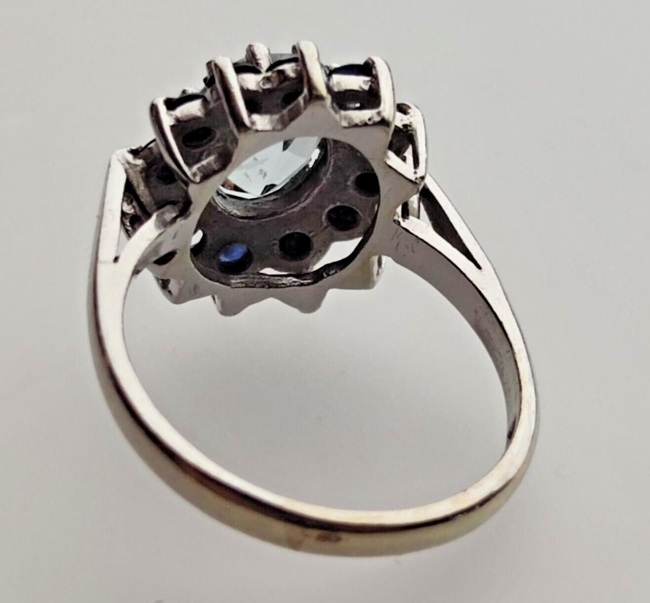 9ct White Gold Ring Oval Blue Aquamarine and Sapphire Gemstones UK ring Size K
